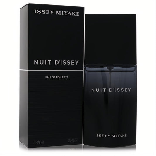 Striking black Issey Miyake Nuit D'Issey 2.5 oz Eau de Toilette spray bottle and elegant matching box. Perfect men's cologne.