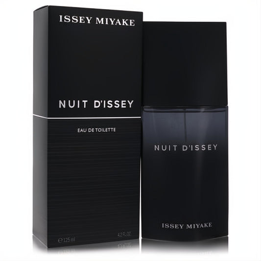 Issey Miyake Nuit D'Issey 4.2 oz Eau De Toilette for men. Sleek black box and dark, smoky glass bottle for a captivating scent.