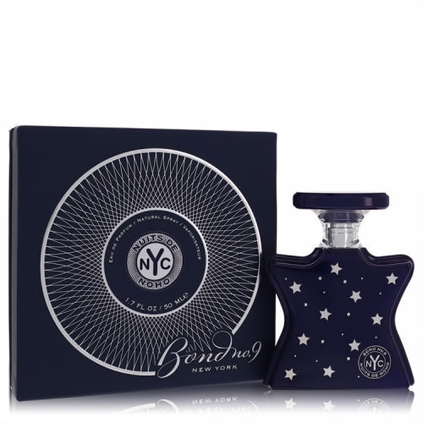 Captivating Bond No. 9 Nuits De Noho 1.7 oz EDP. Deep blue star-patterned bottle and elegant box with a striking silver design.