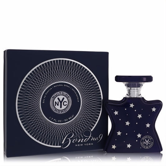 Captivating Bond No. 9 Nuits De Noho 1.7 oz EDP. Deep blue star-patterned bottle and elegant box with a striking silver design.