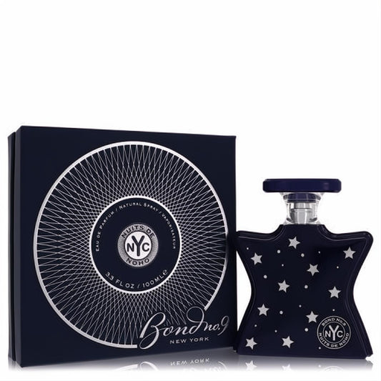 Bond No. 9 Nuits De Noho 3.3 oz EDP. Luxurious dark blue star bottle and elegant box with silver radiating design.