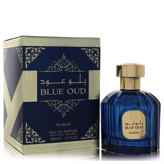 Nusuk Blue Oud 3.4 oz unisex EDP. Features a captivating blue ribbed glass bottle with a gold cap and a matching ornate blue and gold box.
