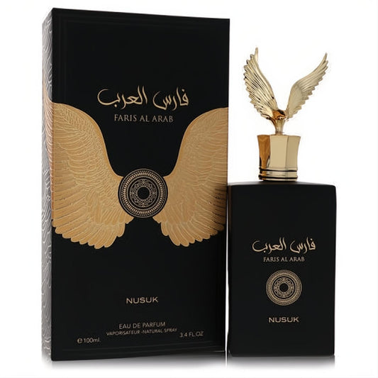Nusuk Faris Al Arab 3.4 oz men's Eau De Parfum. Elegant black bottle with a majestic gold winged cap and matching luxurious packaging.