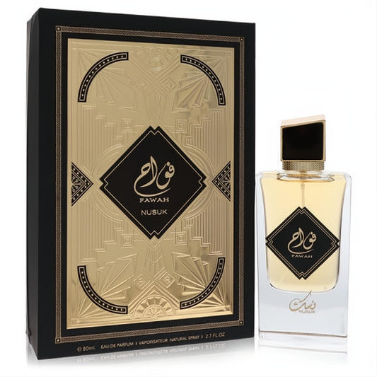 Elegant Nusuk Fawah 2.7 oz men's cologne. Clear glass bottle, gold liquid, black & gold cap, and luxurious black & gold art deco box.