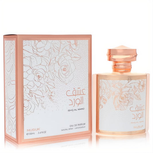 Stunning Nusuk Ishq Al Ward unisex Eau De Parfum spray, 3.4 oz. Features a luxurious rose gold bottle and box with elegant white rose patterns.