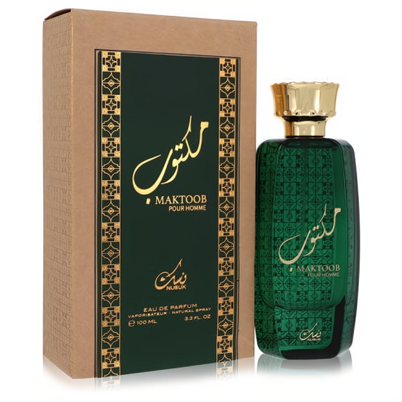 Nusuk Maktoob 3.3 oz men's EDP. Elegant emerald green bottle, gold Arabic script, intricate patterns, regal gold cap. Discover this captivating fragrance.