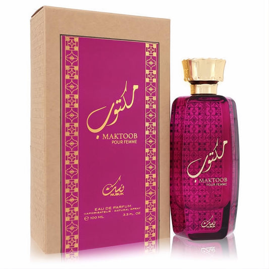 Exquisite Nusuk Maktoob 3.3 oz Eau De Parfum. Vibrant magenta bottle with gold Arabic calligraphy and elegant patterned box.