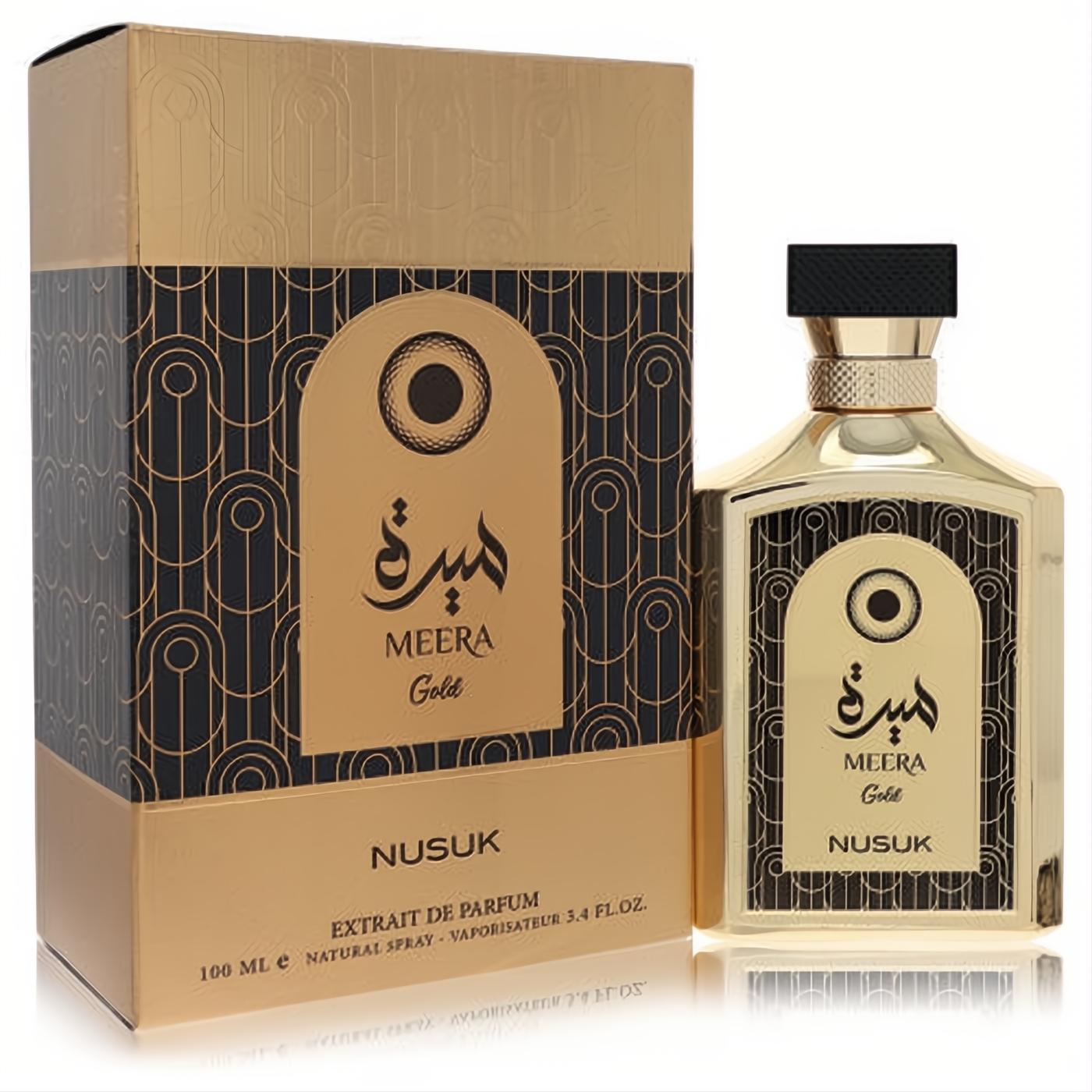 Elegant Nusuk Meera Gold unisex Extrait De Parfum, 3.4 oz. Striking gold bottle, black cap, and matching art deco box.