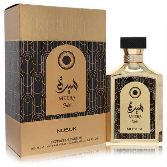 Elegant Nusuk Meera Gold unisex Extrait De Parfum, 3.4 oz. Striking gold bottle, black cap, and matching art deco box.