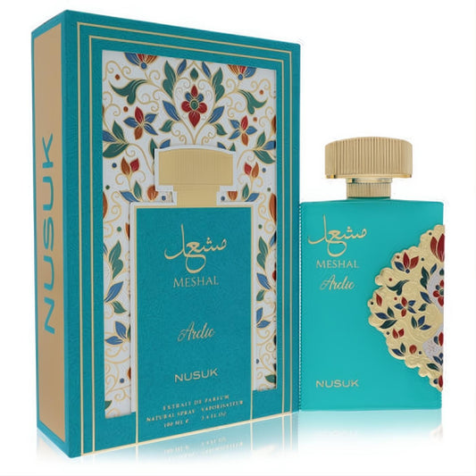 Luxurious Nusuk Meshal Arctic 3.4 oz unisex extrait de parfum. Teal bottle, gold cap, and ornate floral pattern.