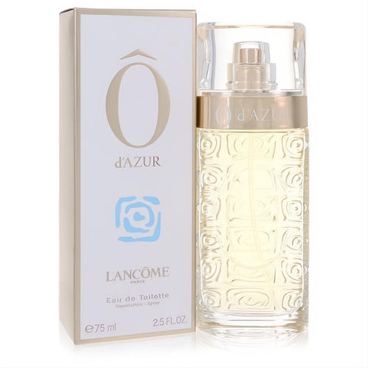 Lancome O d'Azur 2.5 oz EDT spray. Elegant clear glass bottle with gold cap, embossed floral design, and pale yellow liquid.