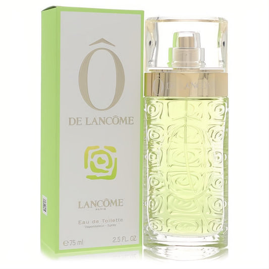 O de Lancome 2.5 oz EDT spray: elegant clear textured glass bottle with gold trim, light green liquid, and matching green box.