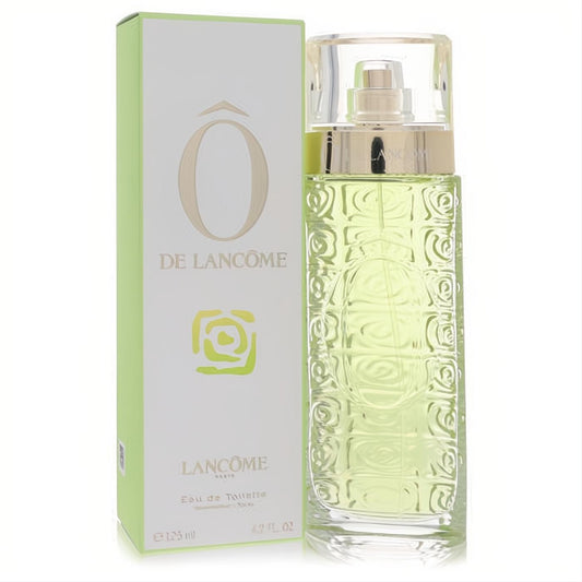 O de Lancome 4.2 oz Eau De Toilette spray in an elegant, embossed glass bottle with refreshing green liquid, beside its vibrant green box.