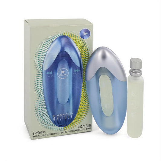 Givenchy OBLIQUE PLAY 2x2/3 oz refillable EDT set. Sleek blue and silver oval spray bottle, clear refill, and elegant box.
