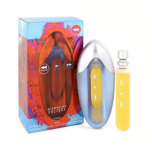 Experience Givenchy OBLIQUE RWD 2/3 oz female Eau De Toilette. Sculptural steel blue refillable spray bottle with brushed steel top and vibrant box.