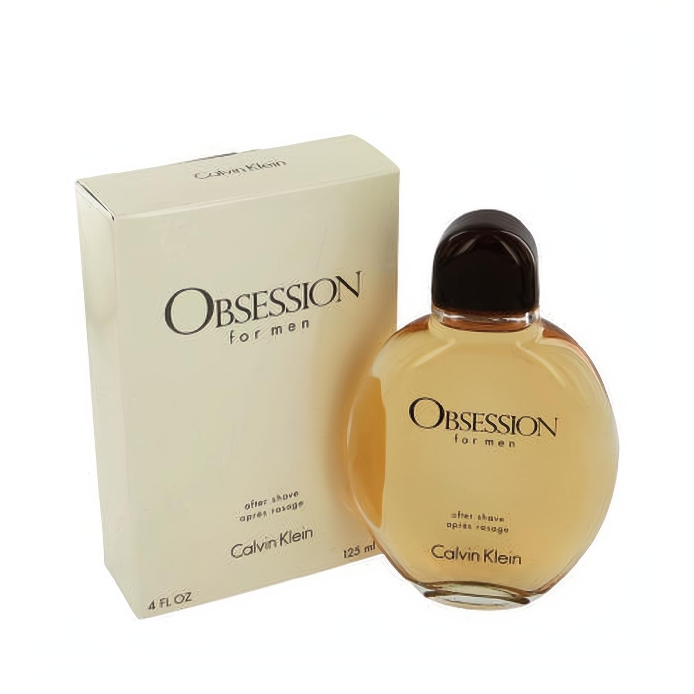 Iconic Calvin Klein Obsession for Men 4 oz after shave. Amber liquid in a unique clear bottle with dark cap, beside its cream box.