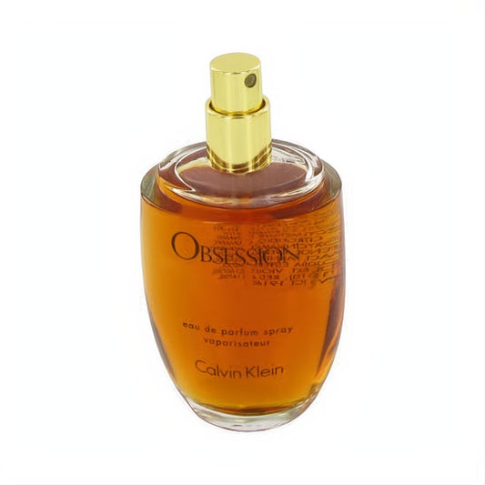 Captivating Calvin Klein Obsession 3.4 oz EDP tester. Amber fragrance in a sleek glass bottle with a luxurious gold sprayer.