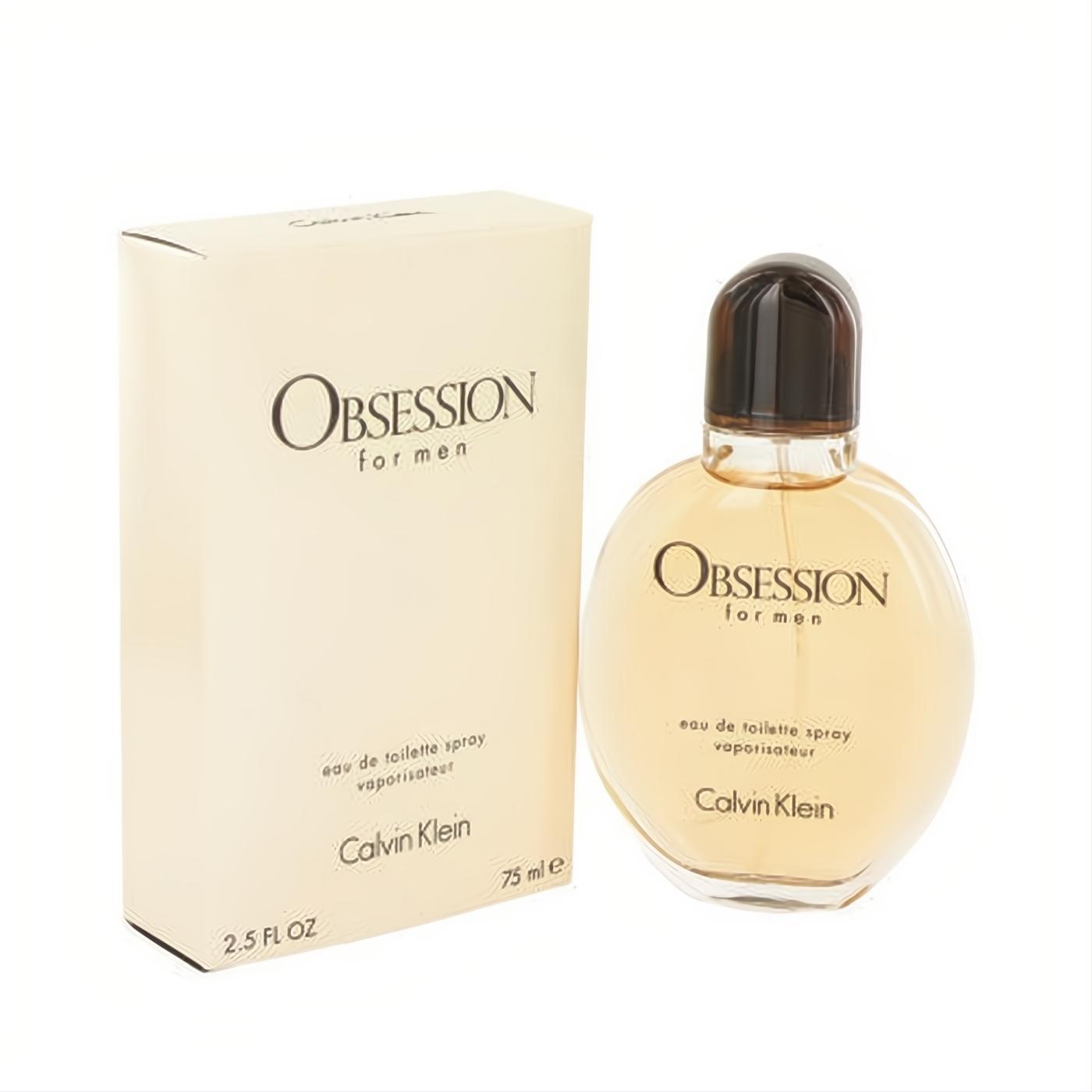 Iconic Calvin Klein Obsession for Men 2.5 oz Eau de Toilette spray, presented in a sophisticated amber glass bottle and cream box.