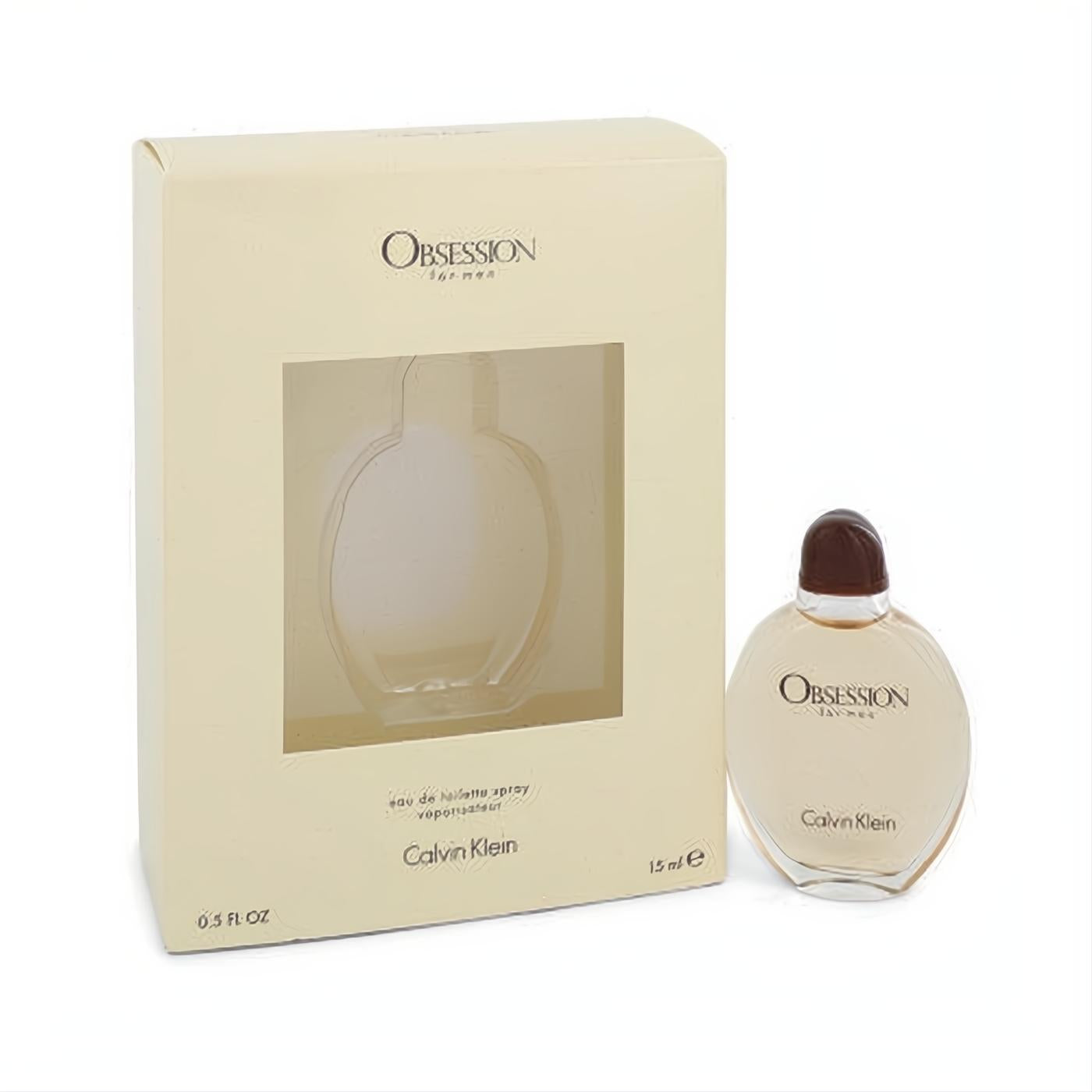 Calvin Klein Obsession 0.5 oz EDT spray. Elegant oval glass bottle with dark cap, displayed next to its cream box with clear window.