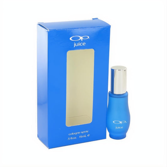Sleek blue frosted OP Juice .5 oz mini cologne spray bottle with silver cap, presented with its matching blue display box.