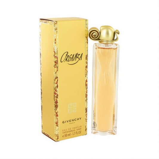 Elegant Givenchy Organza 1.7 oz Eau de Parfum spray, featuring a sculpted dress bottle, ornate gold cap, and luxurious gold box.