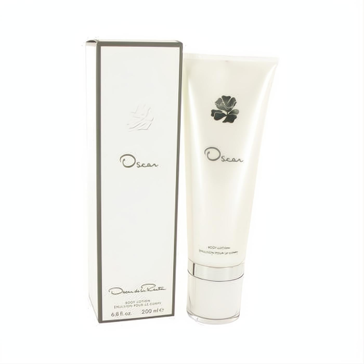 Indulge with Oscar de la Renta Oscar 6.8 oz body lotion. White tube with elegant floral design, silver cap, and matching box.