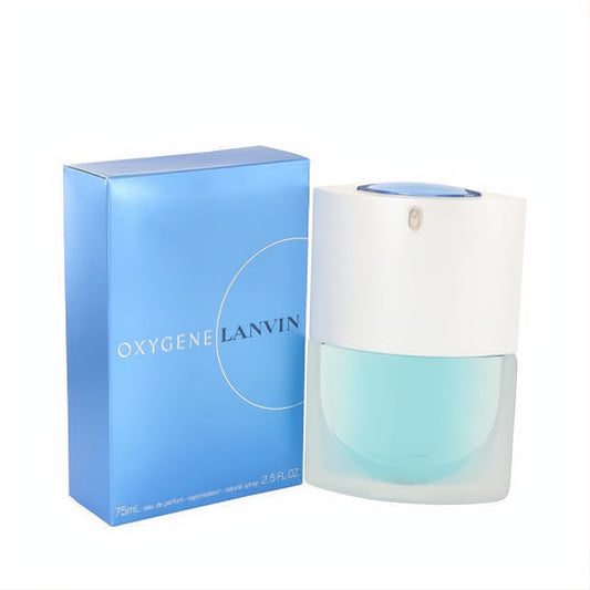 Elegant OXYGENE by Lanvin 2.5 oz Eau De Parfum spray. Modern white and clear glass bottle with refreshing light blue liquid, next to its iconic blue box.