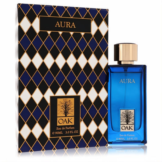 Oak Aura 3 oz women's Eau de Parfum: a stunning deep blue glass bottle with a luxurious gold cap and matching patterned box.