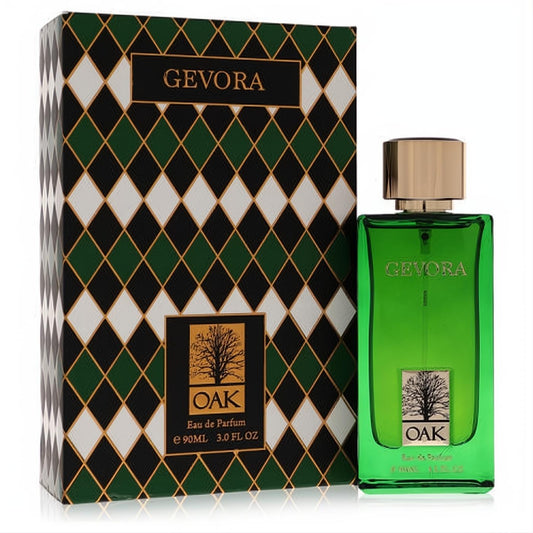Oak Gevora 3 oz Eau de Parfum: vibrant green glass bottle with gold cap, displayed with its elegant green and gold diamond box.