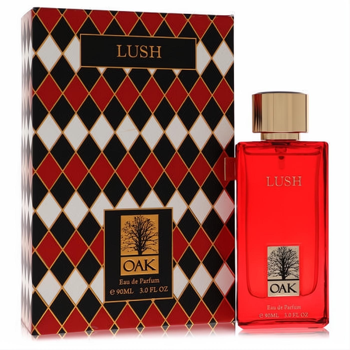 Vibrant red Lush by Oak 3 oz Eau de Parfum for women, featuring a sleek gold cap and a striking harlequin pattern box.