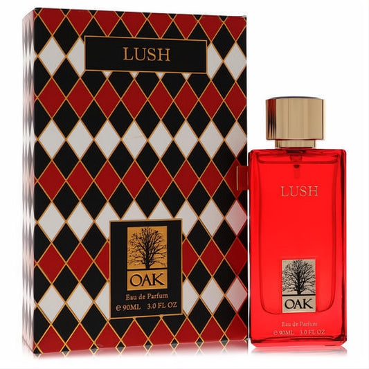 Vibrant red Lush by Oak 3 oz Eau de Parfum for women, featuring a sleek gold cap and a striking harlequin pattern box.