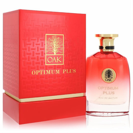 Vibrant Oak Optimum Plus unisex eau de parfum, 3.4 oz, in a red ombre bottle with gold cap and embossed red box.