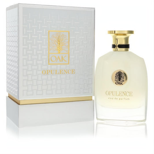 Luxurious Oak Opulence 3 oz unisex eau de parfum. Frosted bottle, gold cap, and elegant white box with gold oak tree logo.