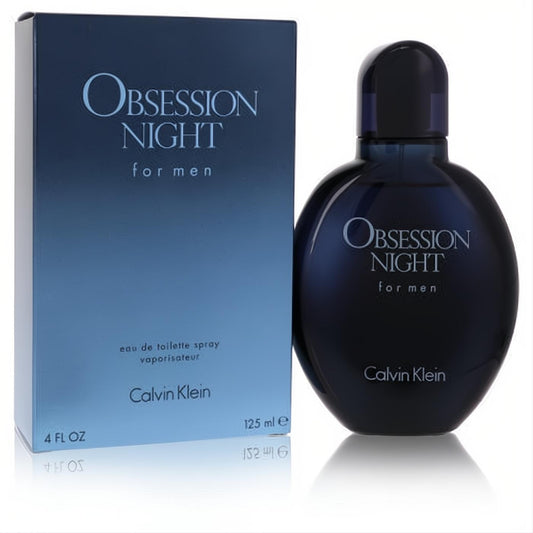 Obsession Night for Men Eau De Toilette by Calvin Klein. Sleek 4 oz dark blue oval bottle and matching gradient blue box.