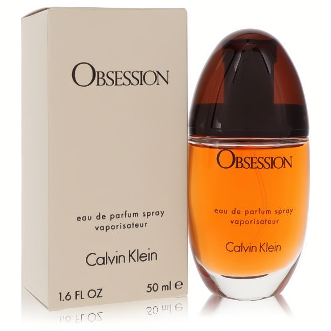 Calvin Klein Obsession 1.6 fl oz Eau de Parfum for women. Features an alluring amber oval bottle with a dark cap and elegant beige box.