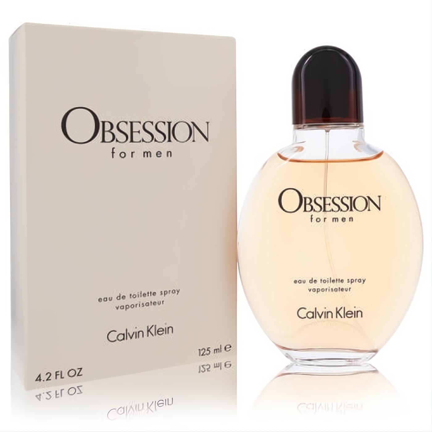 Obsession for Men Calvin Klein 4.2 oz EDT spray. Clear oval bottle with warm amber liquid, sleek black cap, and elegant beige box.