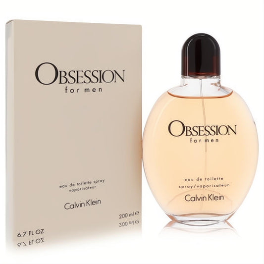 Obsession for Men Calvin Klein 6.7 oz Eau de Toilette spray. Iconic round glass bottle with rich amber liquid and dark cap, next to its beige box.