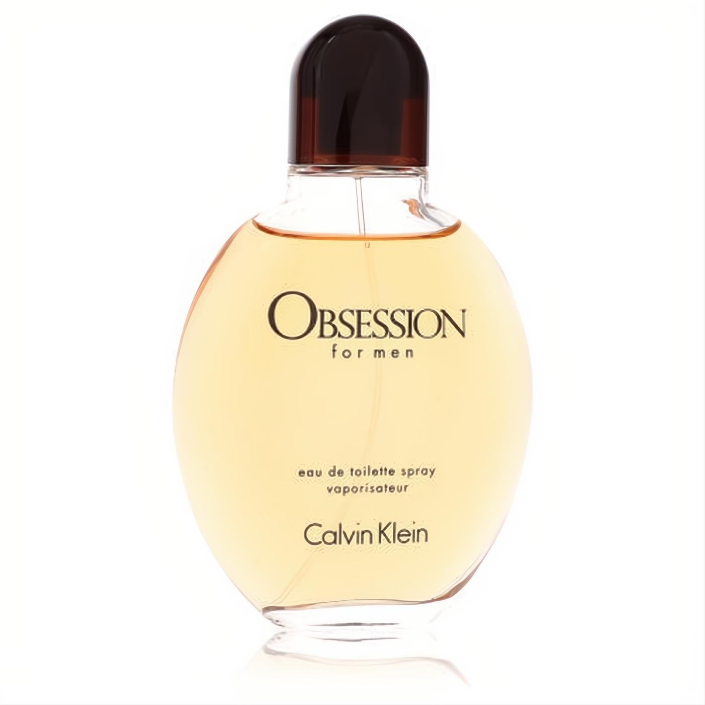 Calvin Klein Obsession for Men 4 oz EDT. Iconic clear oval bottle, warm amber liquid, and sleek dark cap.