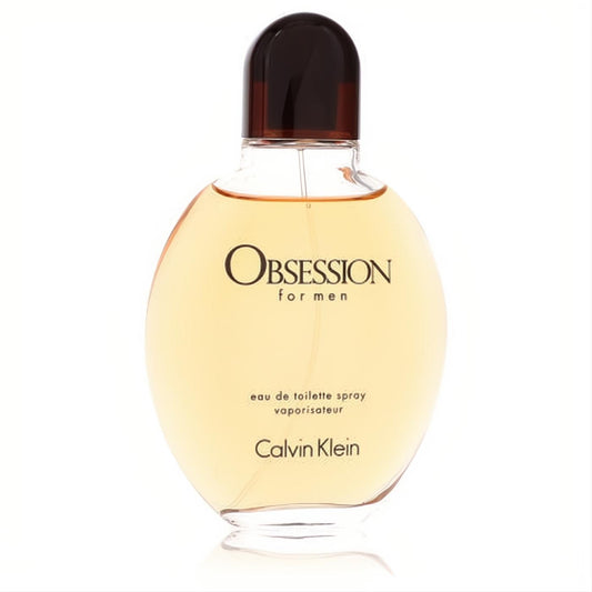 Calvin Klein Obsession for Men 4 oz EDT. Iconic clear oval bottle, warm amber liquid, and sleek dark cap.