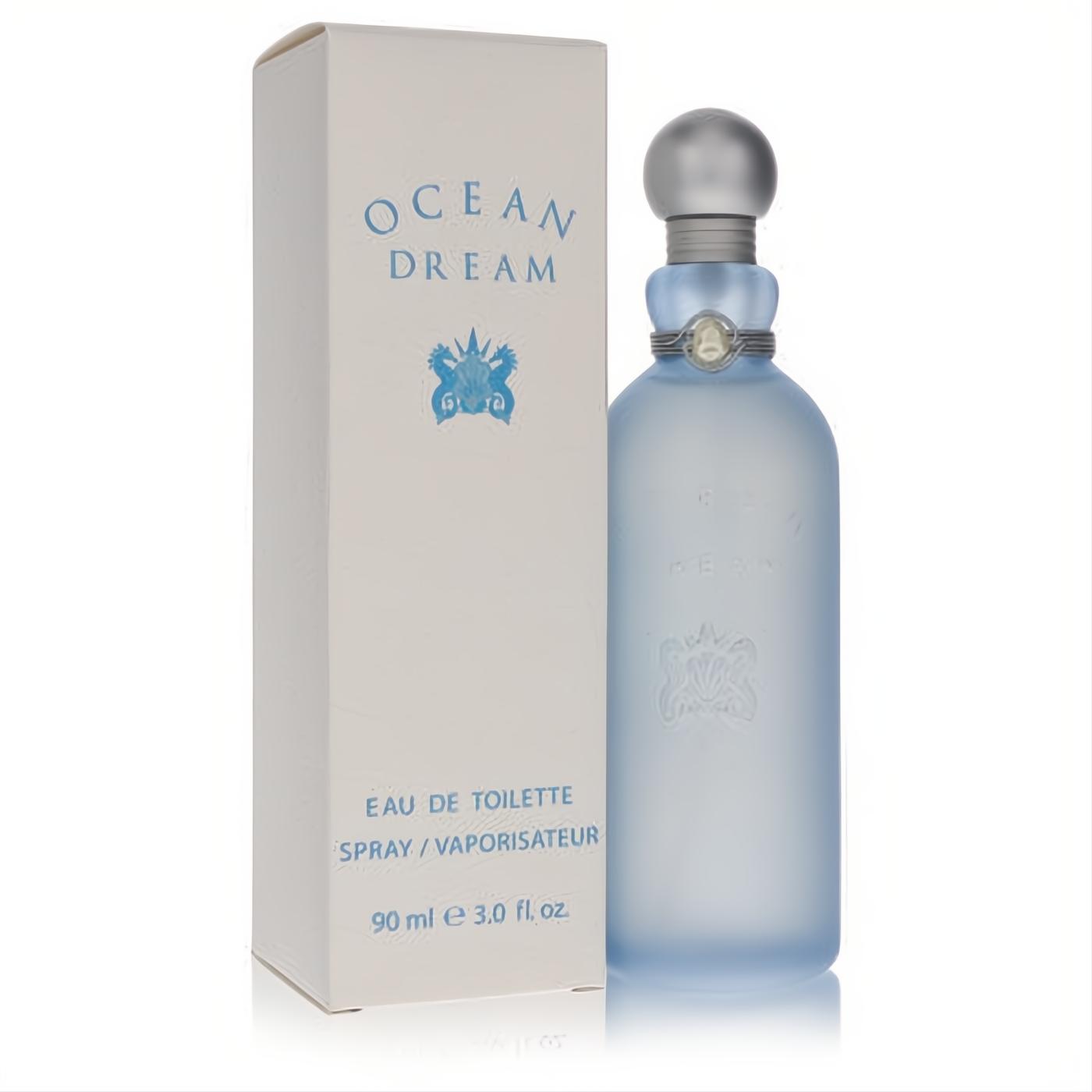 Ocean Dream 3 oz women's EDT spray. Elegant frosted blue glass bottle with a silver cap and pearl accent, next to its white box.