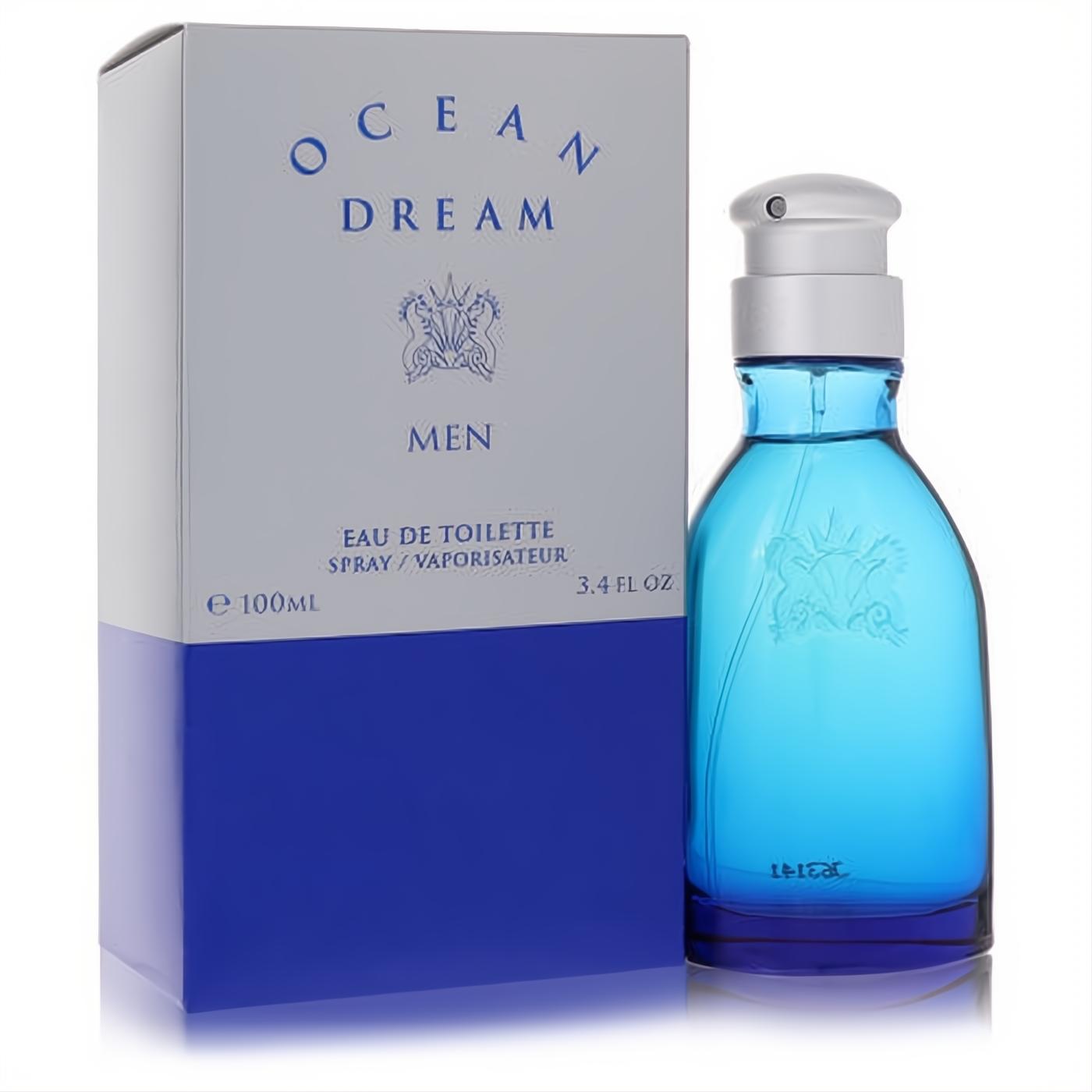 Ocean Dream men's 3.4 oz EDT: captivating blue glass bottle with silver pump, displayed with its crisp blue and white box.