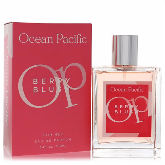 Ocean Pacific Berry Blush 3.4 oz EDP. Vibrant berry pink box, elegant clear glass bottle with light pink fragrance.