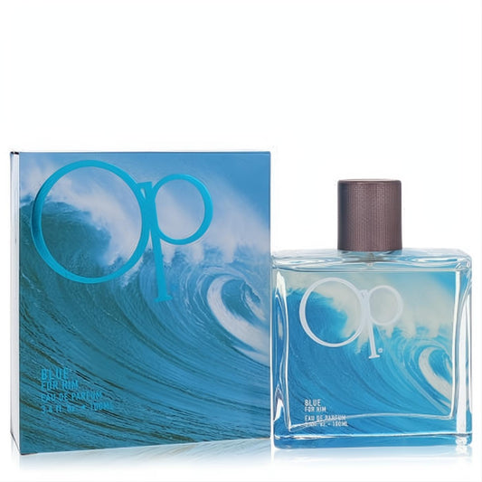 Ocean Pacific Blue 3.4 oz men's cologne. Clear glass bottle with bronze cap, vibrant blue ocean wave box.
