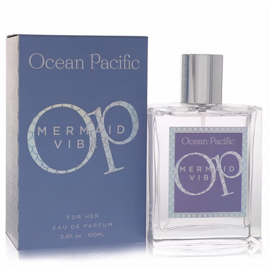 Ocean Pacific Mermaid Vibes 3.4 oz women's EDP. Clear glass bottle, silver cap, and captivating blue-purple box.