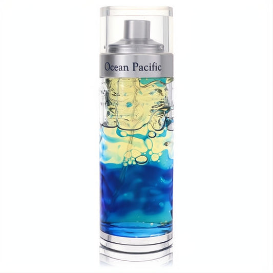 Ocean Pacific men's fragrance in a sleek glass bottle with captivating blue and gold layered liquid, silver trim.