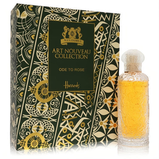 Alexandre J Ode To Rose perfume spray in a luxurious dark green Art Nouveau box and ornate clear glass bottle.