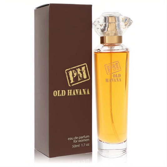 Old Havana PM women's eau de parfum, 1.7 oz. Radiant amber fragrance in an elegant glass bottle with a faceted cap and rich brown box.