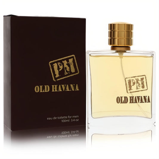 Sophisticated Old Havana PM men's 3.4 oz eau de toilette. Clear glass bottle with gold cap, rich amber liquid, and elegant dark brown box.