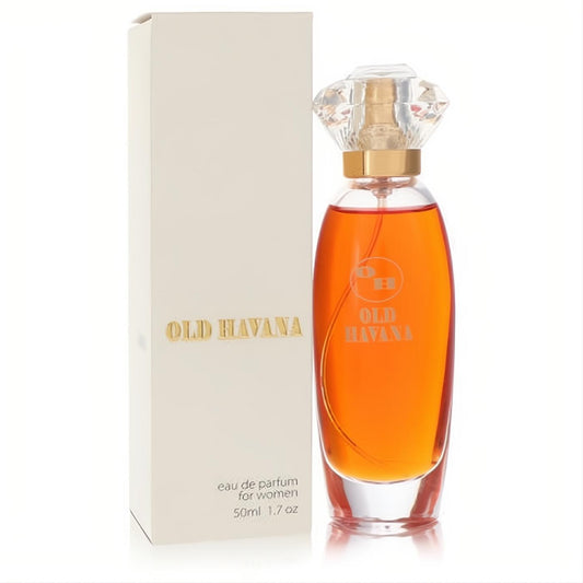 Seductive Old Havana 1.7 oz Eau De Parfum for women. Amber liquid in an elegant glass bottle with a sparkling crystal cap and cream box.