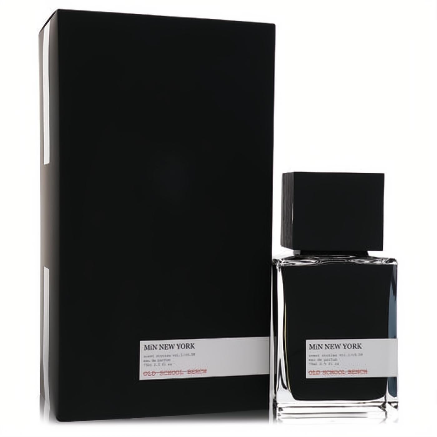 Min New York Old School Bench 2.5 oz unisex Eau De Parfum. Sleek black bottle and box for a sophisticated fragrance.